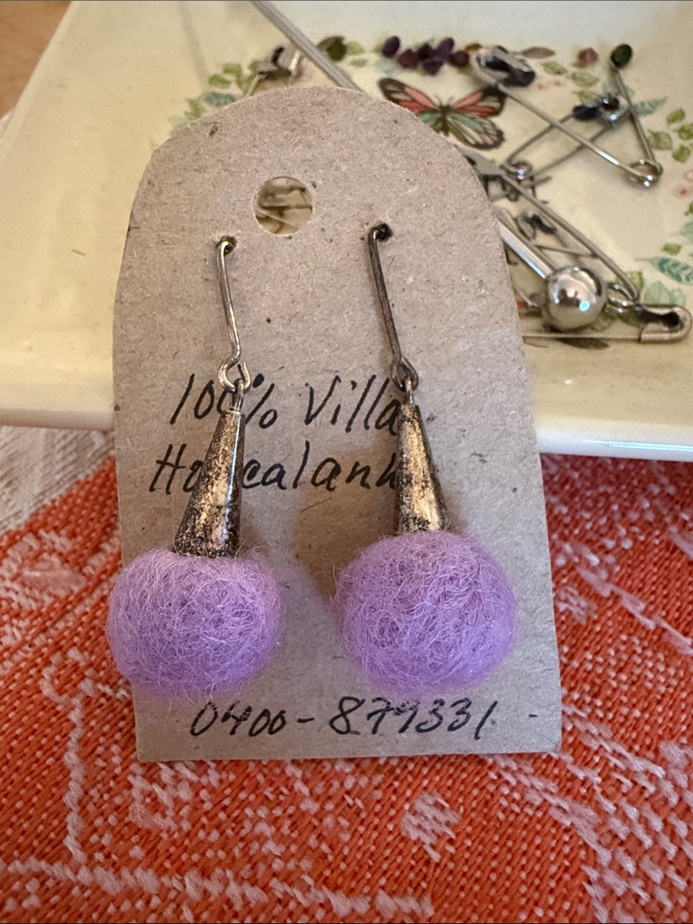 Handcrafted Lavender Felt Ball Drop Earrings - Unbranded